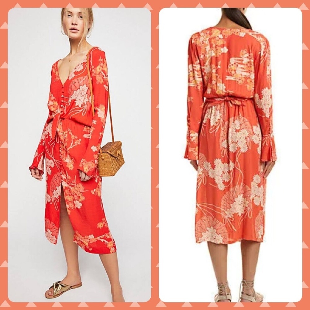 Free People Mixed Print Twist Front Midi Dress Size Xs